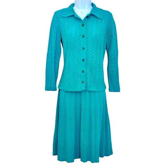Kimberly Vtg 60s Knit Sweater Skirt Set Pointelle Knit Persian Green Size 8 - Picture 1 of 10